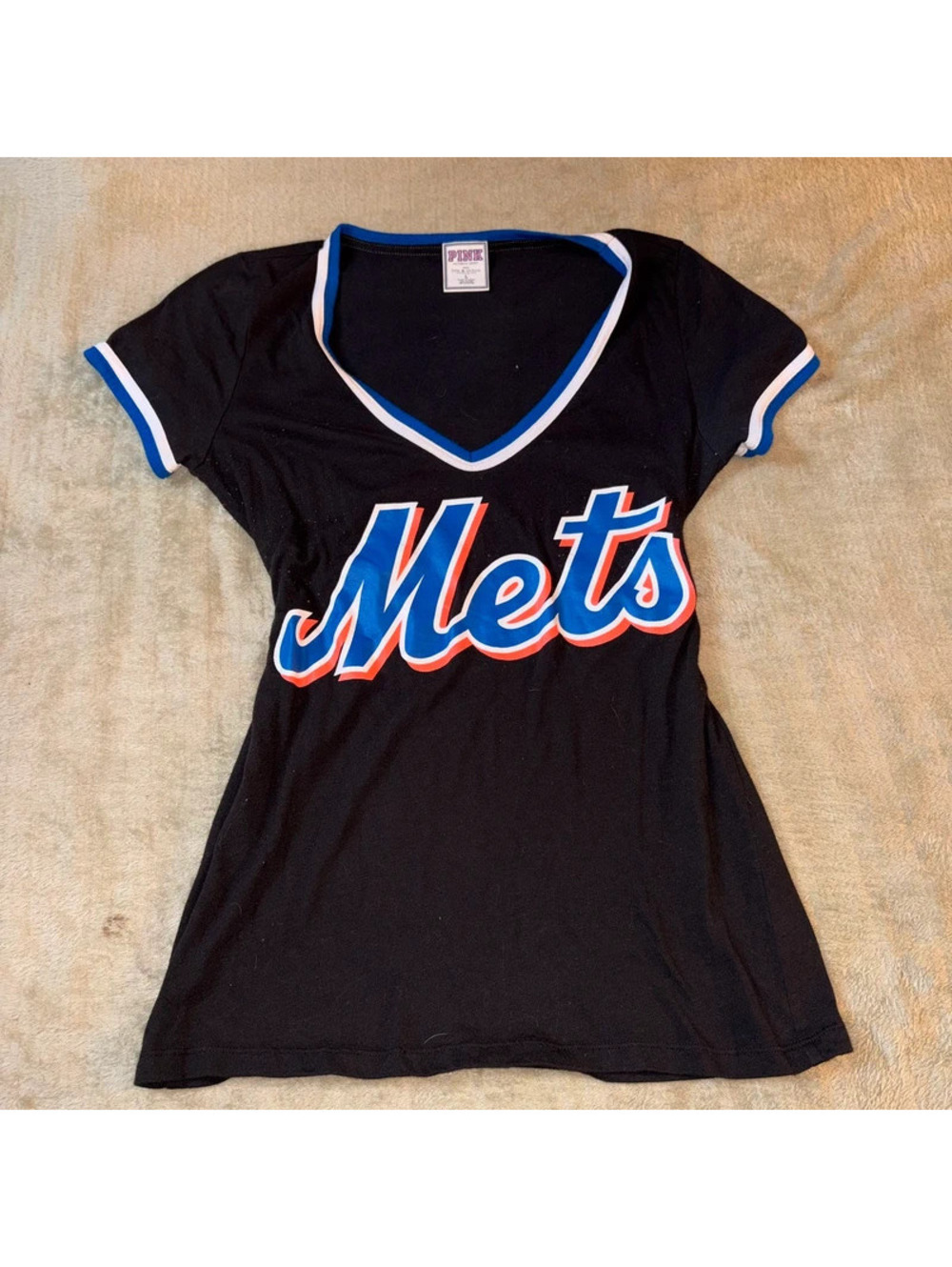 Victoria’s Secret pink Mets deep v neck black and blue trimmed T-shirt